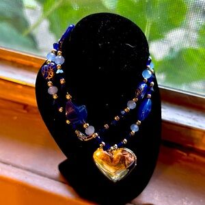 Handmade Cobalt Luxury Beaded Necklace w Silver plated heart pendant
